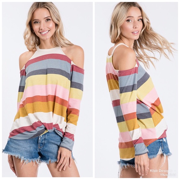 LAST 1! Super Soft Cold Shoulder Striped Top! - Picture 4 of 7